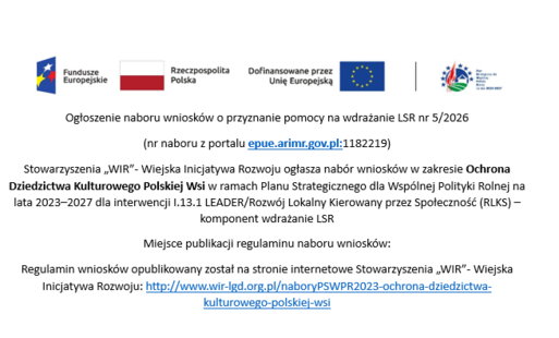 Zdjęcie do Ogłoszenie naboru wniosk&oacute;w o przyznanie pomocy na wdrażanie LSR nr 5/2026