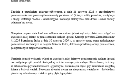 Zdjęcie do INFORMACJA UZUPEŁNIAJĄCA z dnia 29 lipca 2026 r. do protokołu z dnia 03 lipca 2026 r. w sprawie oceny stanu technicznego pomieszczeń kuchennych w Zespole Szk&oacute;ł w Ińsku