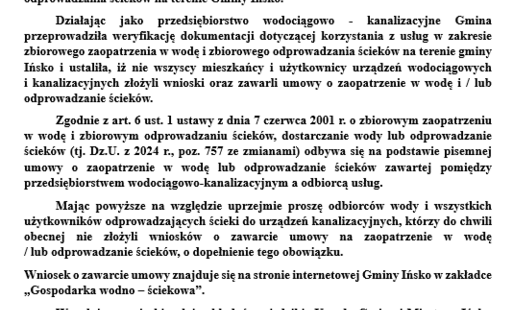 Zdjęcie do Informacja w sprawie zawiarania um&oacute;w przyłącza wodno- kanalizacyjne 
